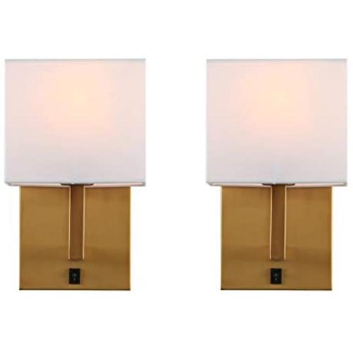 Indoor Bedside Wall Lamp Light, Yosoan 2-Pack Vintage Industrial Wall Sconce with Square Fabric Shade for Bedroom Living Room Dinning Room Hotel (Antique)