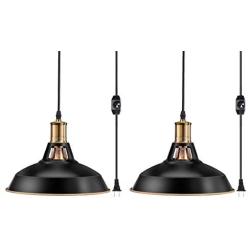 Pynsseu Industrial Barn Plug in Pendant Light with 13.12Ft Cord and Dimmable Switch, Vintage Metal Hanging Pendant Lamp for Kitchen Island, Dining Room, Bedroom or Barn 2 Pack