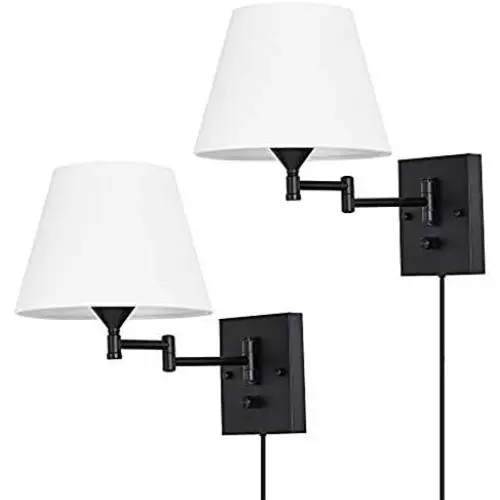 Pauwer Plug in Wall Sconce Set of 2 Swing Arm Wall Lamp with Plug in Cord and Fabric Shade Wall Light Fixtures for Hallway Bedroom Living Room (White Shade)