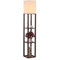 HomeFocus Shelf Floor Lamp with LED Bulb,Display Shelves Floor Lamp,Living Room Floor Lamp,Bedroom Floor Lamp,Natural Linen Shade,Walnut Brown