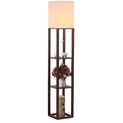 HomeFocus Shelf Floor Lamp with LED Bulb,Display Shelves Floor Lamp,Living Room Floor Lamp,Bedroom Floor Lamp,Natural Linen Shade,Walnut Brown