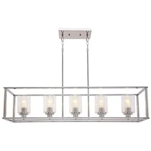 VINLUZ Rectangle Dining Room Chandelier Classic Pendant Lighting for Kitchen Island,Chrome Finish with Clear Glass Shade Adjustable Height Hanging Ceiling Light