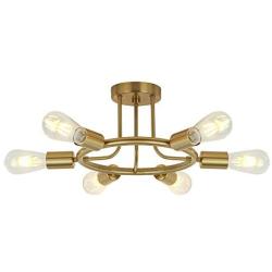 BONLICHT 6 Lights Semi Flush Mount Ceiling Light Brushed Brass Mid Century Modern Chandelier Lighting Gold Sputnik Ceiling Light Fixture for Dining Room Bed Room Kitchen Island Foyer Hallway