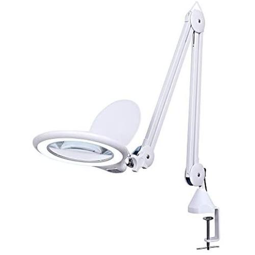 (New Model) LED Magnifying Lamp with Clamp, ADDIE 5'' Diameter 2.25X Real Glass Lens Super Bright Stepless Dimming Daylight Magnifying Glass with Light, Magnifier for Crafts, Reading, Repair- White