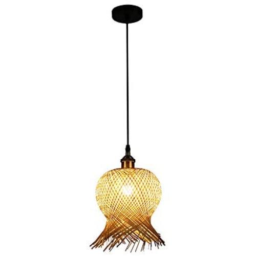 LITFAD Coffee Shop Lantern Ceiling Hanging Light Rattan Antique Style Single Light Pendant Light Bamboo LED Pendant Lamp with Adjustable Cord for Dining Room Living Room Restaurant