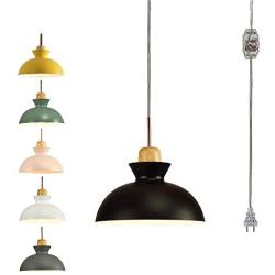 STGLIGHTING Wooden Handle Pendant Lighting Swag with 15ft Plug-in UL On/Off Dimmer Switch Cord Macaron Black Lampshade Light Nordic Minimalist Loft Style Lamps for Living Room Bulbs Not Included