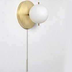 IJ INJUICY Wall Sconce with White Globe Glass in Satin Brass, Wall Lamp with Pull Switch for Bathroom Living Room & Hallway Vanity Lighting
