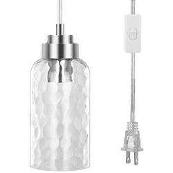 DEWENWILS Pendant Lights Plug in, Water Ripple Glass Shade, Plug in Hanging Light Fixture for Kitchen Island, Living Room, Bedroom, Dinning Hall, 15FT Brushed Nickel Cord with On/Off Switch