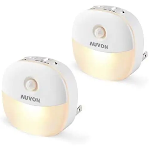 AUVON Plug-in LED Motion Sensor Night Light, Warm White LED Nightlight with Dusk to Dawn Sensor, Motion Sensor, Adjustable Brightness for Bedroom, Bathroom, Kitchen, Hallway, Stairs (2 Pack)