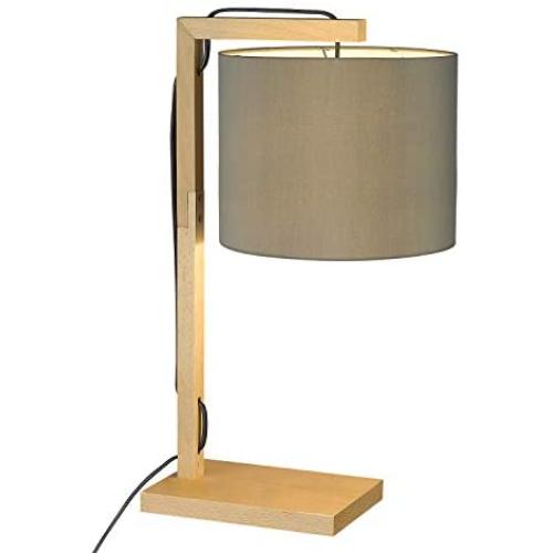 Wooden Table Lamp, Imego Bedside Nightstand Lamp with Fabric Drum Shade, Desk Reading Lamp for Bedroom Living Room Office - Gray