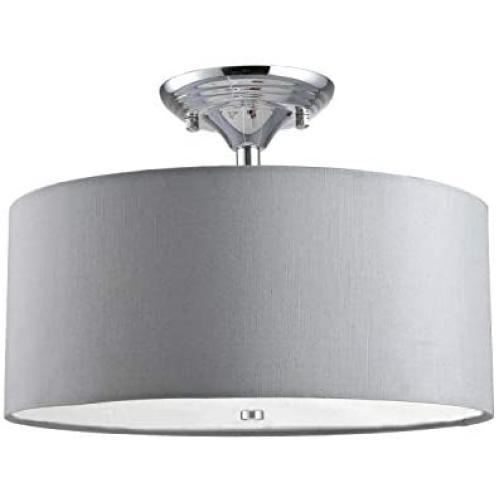 15'' 3-Light Modern Semi-Flush Mount Ceiling Pendant Light Fixture with Grey Fabric Drum Shade，Round Ceiling Pendant Drum lamp for Bedroom hallways Kitchen Island