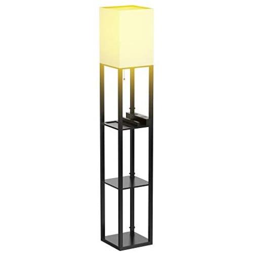 Floor Lamp with Shelves - Shelf Floor Lamps by Real Solid Wood with 2 USB Ports & 1 Power Outlet, Floor Lamps for Bedrooms, Lamps for Living Room ( Matt Black )