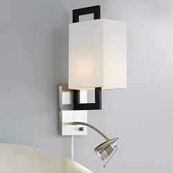 Floating Square Modern Wall Lamp LED Gooseneck Brushed Nickel Matte Black Plug-in Light Fixture Off White Shade for Bedroom Bedside Living Room Reading - Possini Euro Design