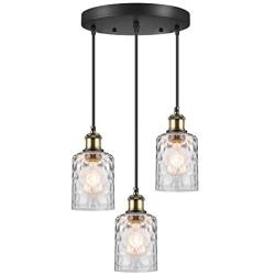 WENFENG Industrial 3-Light Pendant Lighting, Adjustable Hanging Light Fixtures, Flush Mount Ceiling Chandelier, Water Ripple Glass Shade E26 Bronze Base, for Kitchen Island Hallway Dinning Room