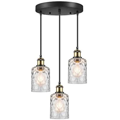 WENFENG Industrial 3-Light Pendant Lighting, Adjustable Hanging Light Fixtures, Flush Mount Ceiling Chandelier, Water Ripple Glass Shade E26 Bronze Base, for Kitchen Island Hallway Dinning Room