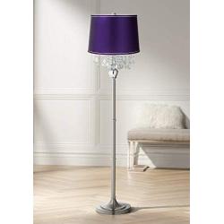 Modern Floor Lamp Satin Steel Chrome Crystal Chandelier Dark Purple Satin Drum Shade for Living Room Reading Bedroom - 360 Lighting