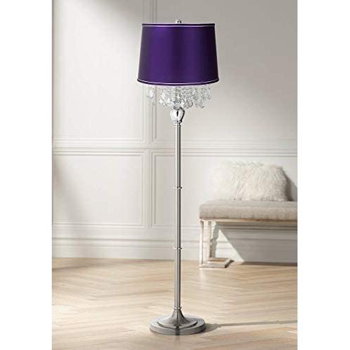 Modern Floor Lamp Satin Steel Chrome Crystal Chandelier Dark Purple Satin Drum Shade for Living Room Reading Bedroom - 360 Lighting