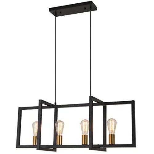 Heircido 4 Lights Modern Ceiling Light Fixture, Rectangle Ceiling Light Pendant Hanging Lights Industrial Chandelier Farmhouse Pendant Lighting for Kitchen Island, Matte Black