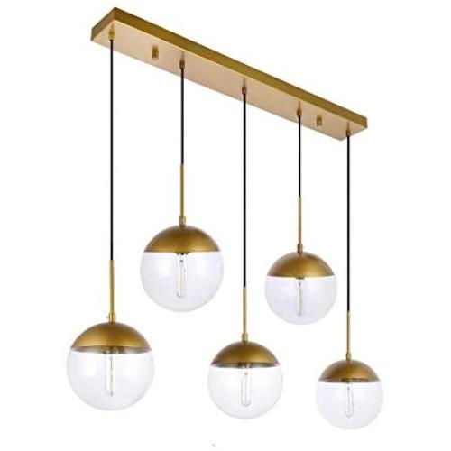 Kitchen Pendant Light with Sphere 5-Light, A1A9 Modern Industrial Glass Ball Globe Ceiling Lights Fitting, E26 LED Chandelier Lamp Fixture for Kitchen Island, Bar, Dining Room, Counter, Cafe (Brass)
