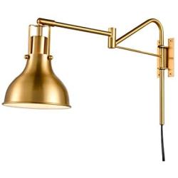 Swing Arm Wall Lamp Plug in Wall Sconce Industrial Bedside Reading Lighting with On/Off Switch Antique Brass