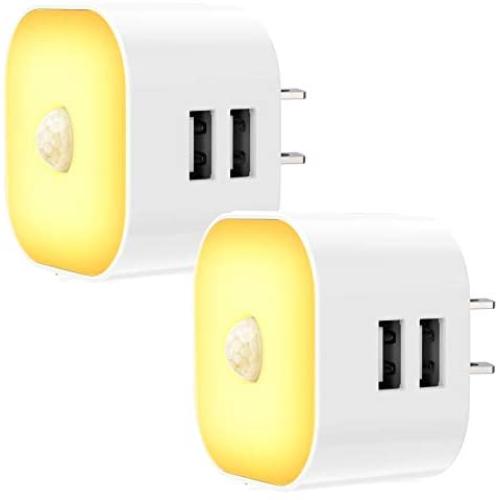 Kids Night Light Plug in - Led Night Lights Plug into Wall with Dual USB Ports, 12 LEDs Motion Sensor Light Night for Bedroom, Hallway, Stairs, Kitchen, Bathroom(2 Pack)