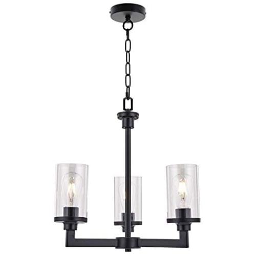 VINLUZ 3 Light Farmhouse Kitchen Island Light in Matte Black Finish Dining Room Chandelier Industrial Pendant Hanging Lighting with Clear Cylinder Glass Shade for Kitchen Living Room Stairway Bar