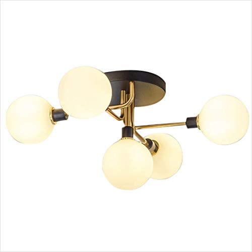 BOKT Sputnik Chandelier 5 Heads Semi Flush Mount Ceiling Light Glass Globe Ceiling Pendant Light Fixture for Kitchen Dining Room Living Room Bedroom Hallway, Bulbs Included (White Shade, Gold)