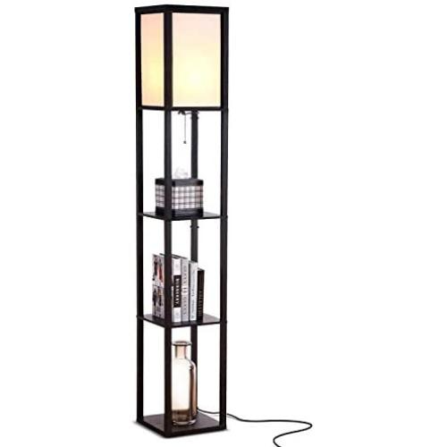 Brightech Maxwell - Modern LED Shelf Floor Lamp - Skinny End Table and Nightstand for Bedroom - Combo Narrow Side Table with Standing Accent Light Attached - Asian Tower Book Shelves - Black