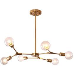 Modo Lighting Modern Sputnik Chandelier Brushed Brass Hanging Lamp Industrial Flush Mount Ceiling Light Fixture Adjustable Hanging Lamp for Living Room Restaurant E26(6-Light)