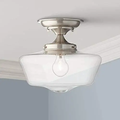 Schoolhouse Floating Ceiling Light Semi Flush Mount Fixture Brushed Nickel 12'' Wide Clear Glass for Bedroom Kitchen Living Room Hallway Bathroom - Regency Hill