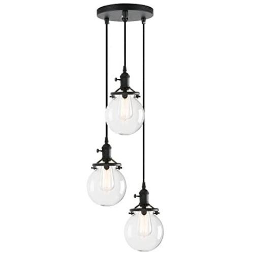 Pathson Industrial Island Pendant Lights, 3-Lights Dining Pendant Lighting with Globe Glass, Vintage Hanging Lamp Fixtures for Kitchen Living Room Bedroom (Black)