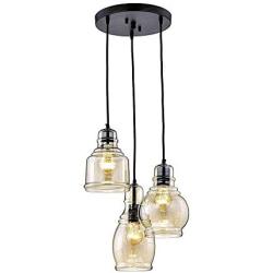 Vintage Kitchen Chandelier, 3-Lights Island Cognac Glass Cluster Pendant Light with Amber Glass Shade Chandelier Ceiling Hanging Linear Light Fixtures with Round Plate for Dining Room, Cafe, Bar