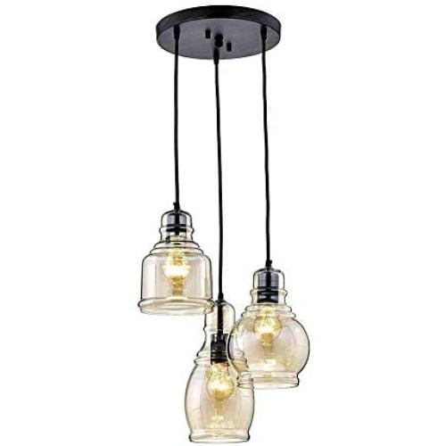 Vintage Kitchen Chandelier, 3-Lights Island Cognac Glass Cluster Pendant Light with Amber Glass Shade Chandelier Ceiling Hanging Linear Light Fixtures with Round Plate for Dining Room, Cafe, Bar