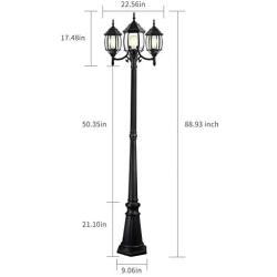 PARTPHONER Outdoor Lamp Post Light 3-Head, Classic Black Light Pole with Clear Glass Panels, E26 Base Maximum 100W Bulbs(not Included), Waterproof Street Light for Backyard, Garden, Driveway