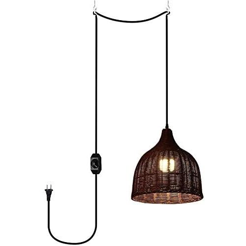 ANYE 15ft Black Plug-in UL On/Off Dimmer Switch Cord Retro Style E26 Lamp Holder Rattan Brown Pendant Light for Dining Room Cafe Restaurant Bulbs Not Included