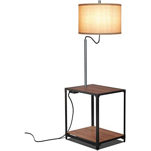 LED Floor Lamp with End Table and USB Charging Port, Modern Bedside Nightstand Lighting, Attached Side Table with Shelves for Living Room, Bedroom, Guest Room, Walnut