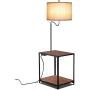 LED Floor Lamp with End Table and USB Charging Port, Modern Bedside Nightstand Lighting, Attached Side Table with Shelves for Living Room, Bedroom, Guest Room, Walnut