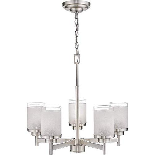 Jazava Contemporary 5-Light Large Chandeliers, Industrial Indoor Pendant Lighting for Kitchen Island, Living Room, Brushed Nickel with White Linen Frosted and Clear Glass Shades