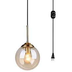 ANYE 15ft Black Plug-in UL On/Off Dimmer Switch Cord Modern Minimalist Style E26 Lamp Holder Amber Circular Glass Pendant Light for Dining Room Cafe Restaurant Bulbs Not Included