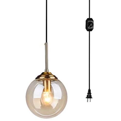 ANYE 15ft Black Plug-in UL On/Off Dimmer Switch Cord Modern Minimalist Style E26 Lamp Holder Amber Circular Glass Pendant Light for Dining Room Cafe Restaurant Bulbs Not Included