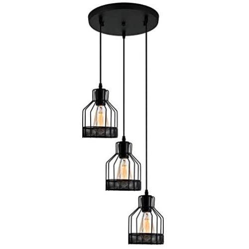 Weesalife 3-Lights Pendant Light with Black Matal Cage Shade, Industrial Hanging Light Fixtures, Adjustable Pendant lamp for Kitchen Island, Barn, Dining Room, Cafe, Farmhouse