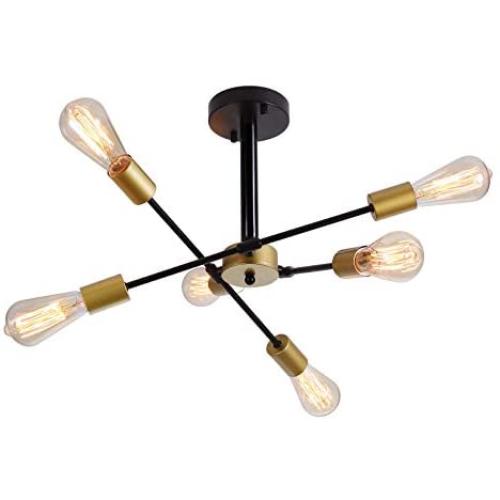 Black and Gold Sputnik Chandelier 6 Lights Mid Century Pendant Black Ceiling Small Light Fixture for Hallway Bar Kitchen Dining Room