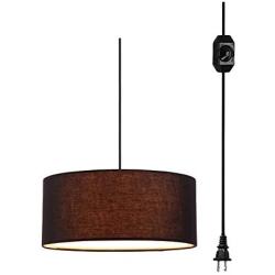 ANYE 15ft Plug-in UL On/Off Dimmer Switch Cord 1-Light Emelia Rustic Lodge Burlap Drum Black Lamp Shade Pendant Lights Cafe Lights for Dining Room Bulbs Not Included　TB0947-4.5M