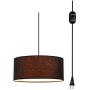 ANYE 15ft Plug-in UL On/Off Dimmer Switch Cord 1-Light Emelia Rustic Lodge Burlap Drum Black Lamp Shade Pendant Lights Cafe Lights for Dining Room Bulbs Not Included　TB0947-4.5M