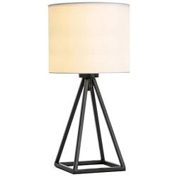 KRASTY Modern White Hollow Out Black Metal Base Bedside Lamp Living Room Bedroom Study Room Industrial Metal Square Base Table Lamp,Desk Lamp with White TC Fabric Shade