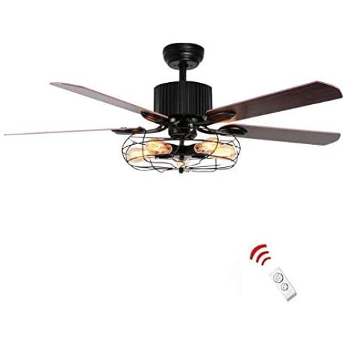 Retro Industrial Ceiling Fan with Light 5 Wood Reversible Blade Vintage Reversible Ceiling Fan 3 Speed Vintage Cage Chandelier Fan with Remote Control for Restaurant Bedroom Living Room (52 Inch)