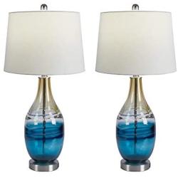 Maxax USB Glass Table Lamps Set of 2 with White Linen Shade for Living Room Bedroom,Blue &Gold Finish