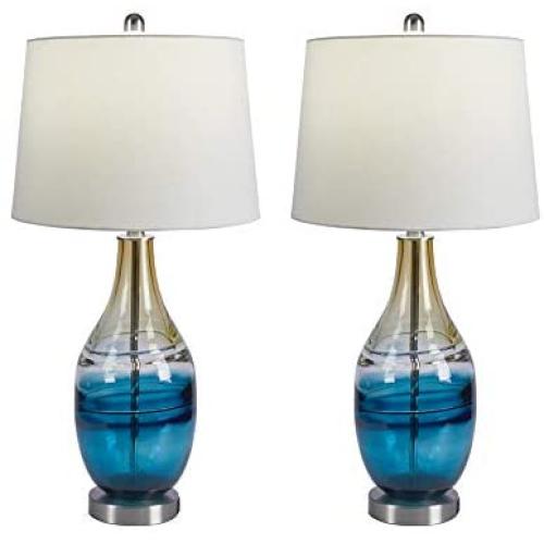 Maxax USB Glass Table Lamps Set of 2 with White Linen Shade for Living Room Bedroom,Blue &Gold Finish