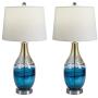 Maxax USB Glass Table Lamps Set of 2 with White Linen Shade for Living Room Bedroom,Blue &Gold Finish