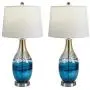 Maxax USB Glass Table Lamps Set of 2 with White Linen Shade for Living Room Bedroom,Blue &Gold Finish
